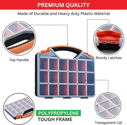 Andalus Tools Organizer Box, Small Parts Storage 18-Compartment Portable Hardware Organizer Removable Plastic Dividers for Screws, Nuts, Bolts, Nails – Orange (1 Pack, 12.75" x 10" x 1.75")