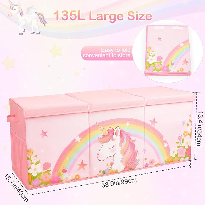 Unicorn Castle Toy Box with Adjustable Divider Toy Chest Storage Large Toy Storage Organizer Bin Collapsible with Lid Pockets for Nursery Playroom,Pink Unicorn