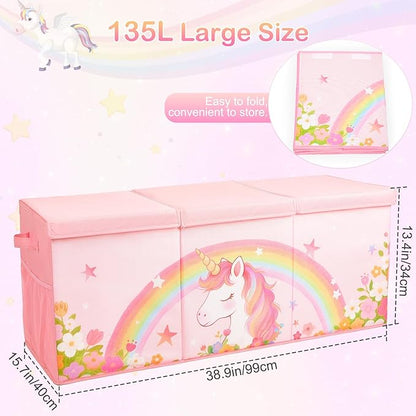 Unicorn Castle Toy Box with Adjustable Divider Toy Chest Storage Large Toy Storage Organizer Bin Collapsible with Lid Pockets for Nursery Playroom,Pink Unicorn