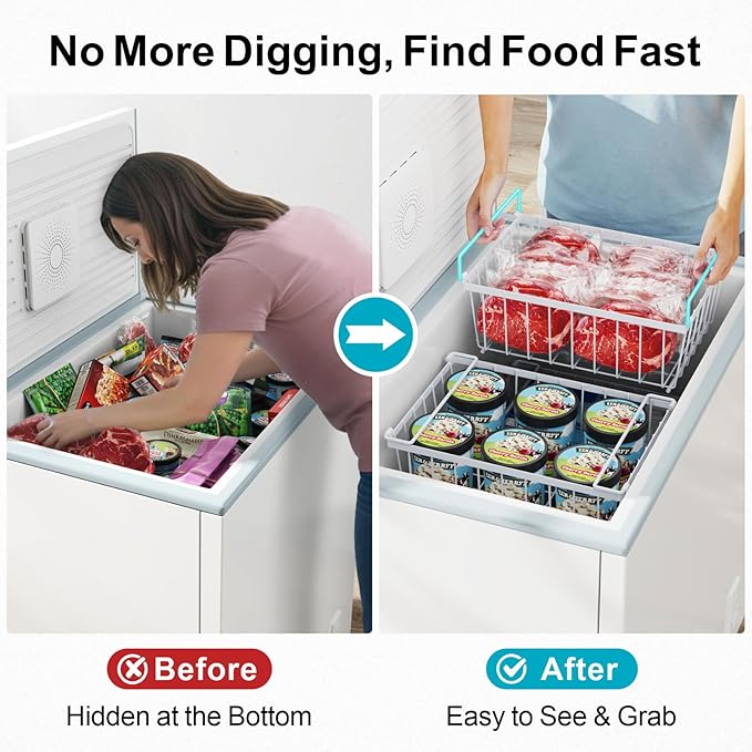 iSPECLE Chest Freezer Organizer Bins - 8 Pack Stackable Freezer Organizer for 5 to 7 Cu.Ft Freezer and Upright Freezer Over 8.5 Cu.Ft, Easy Get Food from Bottom, Add Extra Storage Space, White