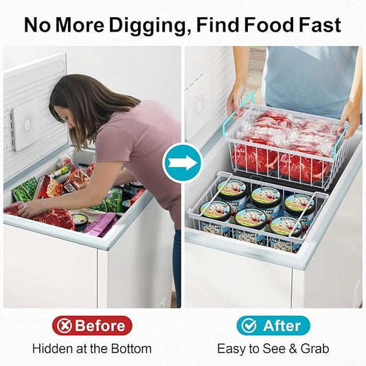 iSPECLE Chest Freezer Organizer Bins - 8 Pack Stackable Freezer Organizer for 5 to 7 Cu.Ft Freezer and Upright Freezer Over 8.5 Cu.Ft, Easy Get Food from Bottom, Add Extra Storage Space, White