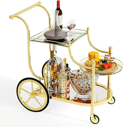 DORTALA Rolling Serving Cart, 3-Tier Metal Bar Cart with Tempered Glass, 4 Wheels Tea Serving Bar Cart for Livingroom, Kitchen, Gold