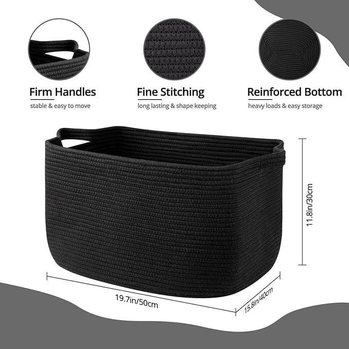 Large Blanket Basket, Black Blanket Storage Living Room, Rectangle Woven Baskets for Storage Toys, Towels, Dirty Clothes Organizer Bins (Black)