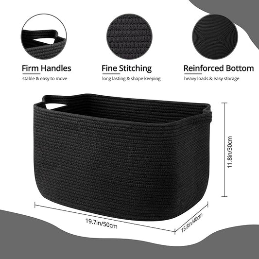 Large Blanket Basket, Black Blanket Storage Living Room, Rectangle Woven Baskets for Storage Toys, Towels, Dirty Clothes Organizer Bins (Black)