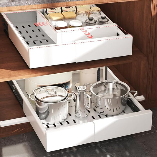 2 Pack Pull Out Cabinet Organizer Expandable Width(11"-16") and Depth(13"-17"),Slide Out Drawers With Raising Pad for Framed Cabinets,No Drill Roll Out Shelves for kitchen,Bathroom,White