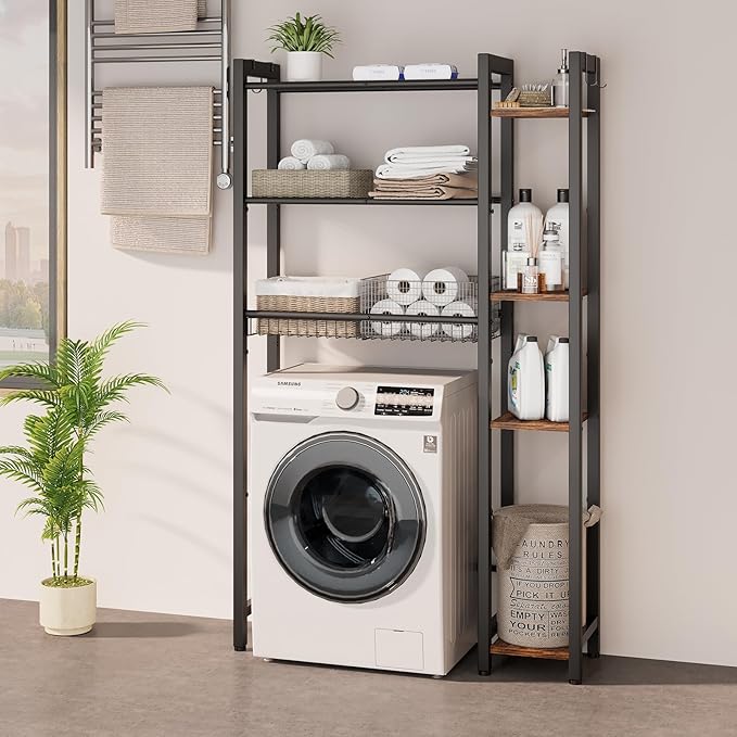 NEHAJUNXI Over The Toilet Storage with Side Rack, 7-Tier Bathroom Organizer with Adjustable Shelf & Drain Basket & 4 Hooks, Freestanding Space Saver for Balcony, Laundry (Vintage Brown)
