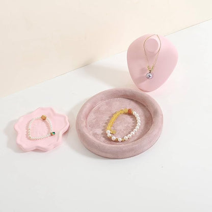 GemeShou Round Jewelry Organizer Plate, Top Microfiber Velvet Jewelry Display Tray, Empty Jewelry Showcase Tray for Necklaces, Bracelets, Rings, Earrings (Pink-Small, 5.9 x 5.9 in)