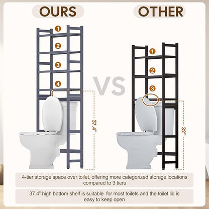 Cozivolife Over The Toilet Storage with 2 Baskets, 4-Tier Bamboo Organizer Rack with Paper Holder & 4 Hooks & Waterproof Feet Pad,Freestanding Shelf for Bathroom(Grey)