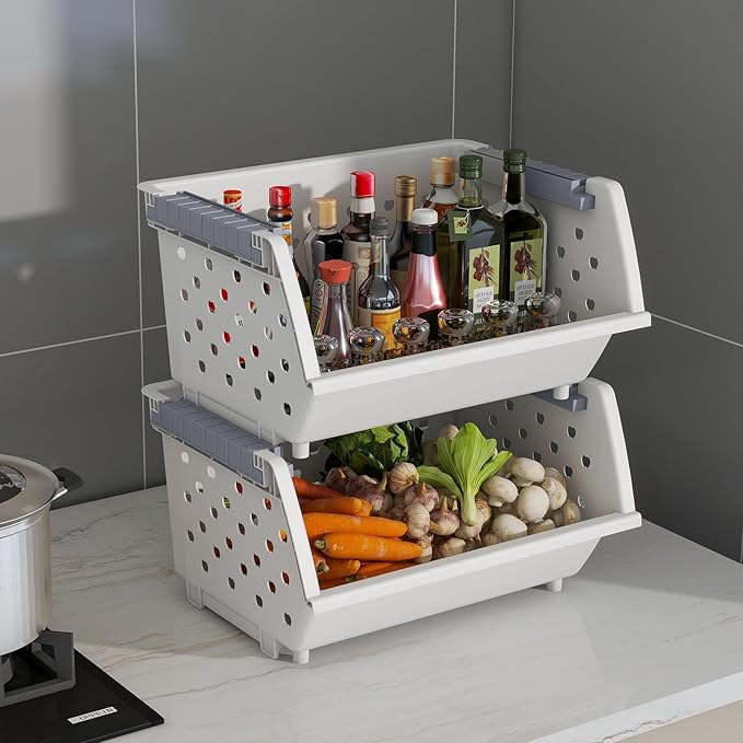4-Pack Plastic Kitchen Stackable Storage Basket, Stacking Organizer Basket, White