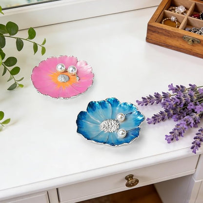 LARAINE Jewelry Dish Display Trinket Tray Flower Home Decorative Organizer Gift Necklace Earring Rings Holder Storage 3.15" (2 Piece Set (Pink+Blue))