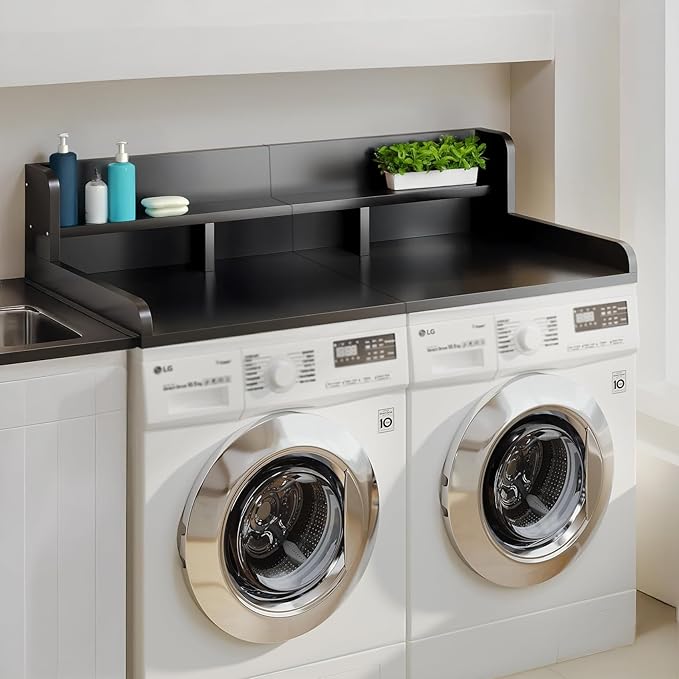Washer Dryer Countertop, Laundry Wood Shelf Topper with Edge, 2-Tier Laundry Countertop, for Washer and Dryer Laundry Hamper Counter Storage Organization (Black)