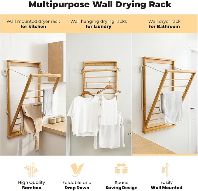 Clothes Drying Rack, Foldable Bamboo Wall Mounted Laundry Rack – Space-Saving, Drop-Down Design – 23" Wide, 40.9" High – Sturdy & Elegant for Home, Laundry Room & Bathroom