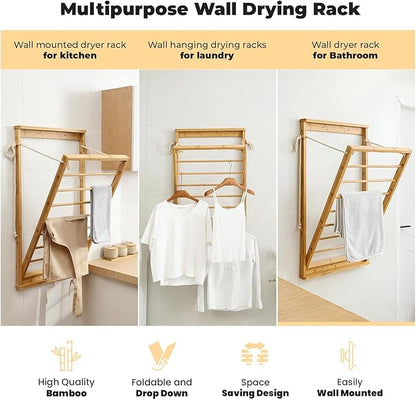 Clothes Drying Rack, Foldable Bamboo Wall Mounted Laundry Rack – Space-Saving, Drop-Down Design – 23" Wide, 40.9" High – Sturdy & Elegant for Home, Laundry Room & Bathroom