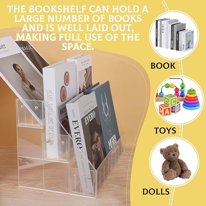 Small Bookshelf 3-Tier Clear Acrylic Book Display Organizer Front Facing Toddler Montessori Style Book Shelf Durable Bookcase for Nursery Room, Playroom, Classroom, and Reading Corner