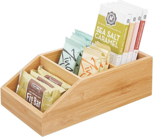 mDesign Bamboo Wood Food Storage Bin with Divided 3 Compartments and Sloped Front for Kitchen Cabinet, Pantry, Shelf to Organize Seasoning Packets, Powder Mixes, Spices, Snacks - Natural