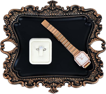 Funly mee 8 x 7 inches Antique Trinket Dish Vintage Jewelry Tray, Ring Holder (Black & Gold, M)