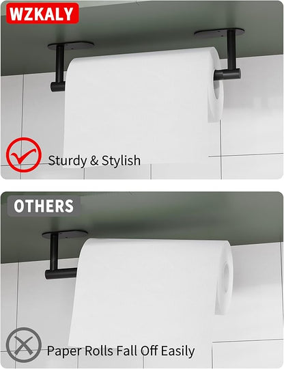 Paper Towel Holder Under Cabinet, Self Adhesive or Wall Mounted SUS304 Stainless Steel Paper Towel Holder for Kitchen, Bathroom(2 Towel Hooks, Matte Black)