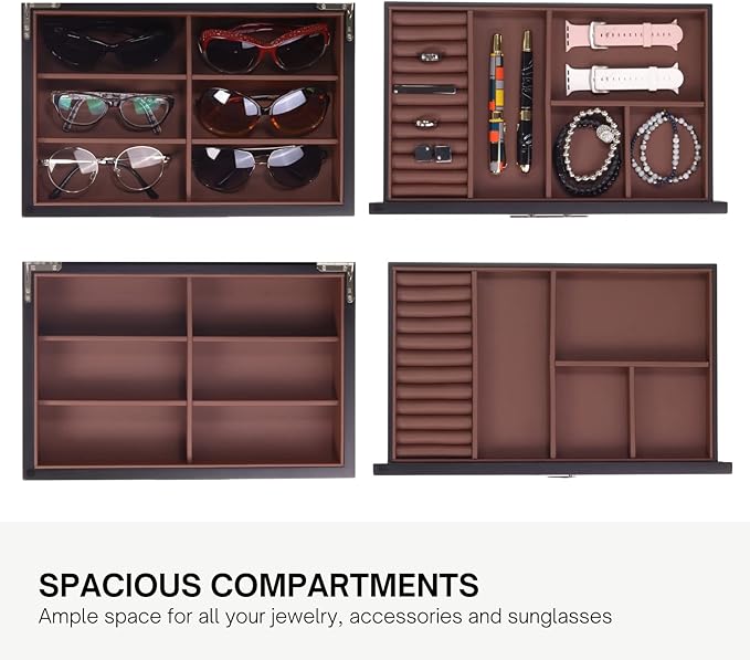 Decorebay Multi-Purpose Drawer, Sunglasses and Jewelry Box Wooden Storage Organizer with Saddle Brown Leather (Coffee Lover)