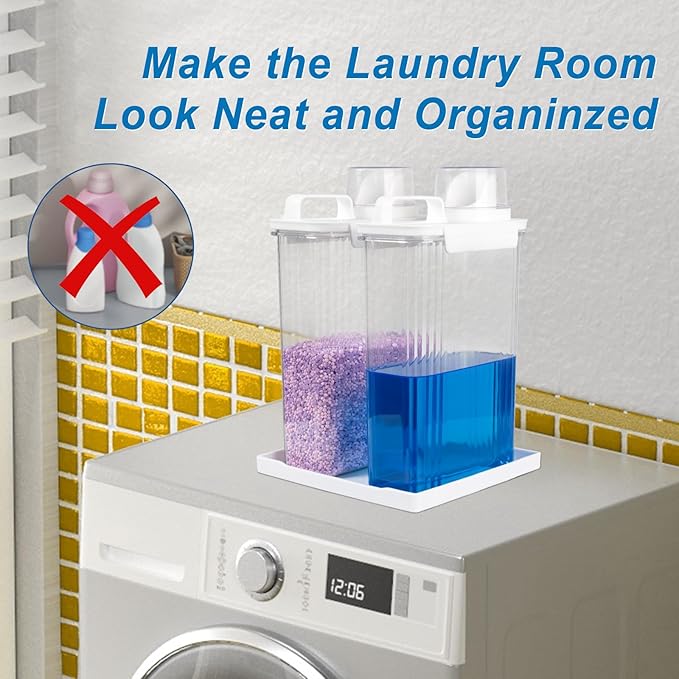 95oz Laundry Detergent Container, 2 Pack Plastic Liquid Detergent Dispenser for Laundry Room Powder,Soap,Fabric Softener, Scent Beads Storage and Organization,with 5 Labels,1 Tray.(2, 95oz)