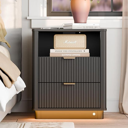 BONITURE Led Fluted Nightstand, Smart Curved Night Stand with Charging Station Lighting, Wood End Table with 2 Drawers, Modern Side Table Storage Cabinet for Bedroom Office,(1, Black)