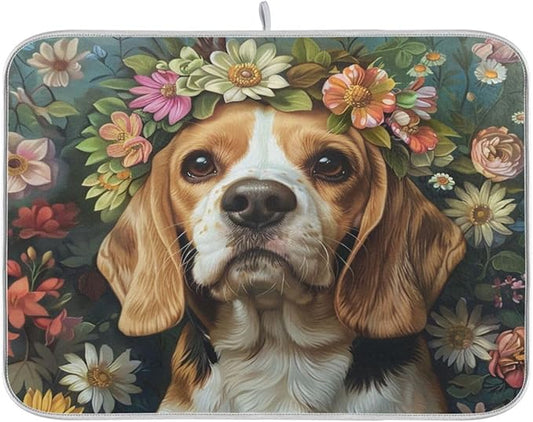 ZzWwR Beautiful Beagle Dog in Flowers Wreath Painting Absorbent Dish Drying Mat Microfiber Kitchen Countertop Table Protector Multi-Purpose Counter Rack Sink Drainer Pad (16 x 18 Inches)