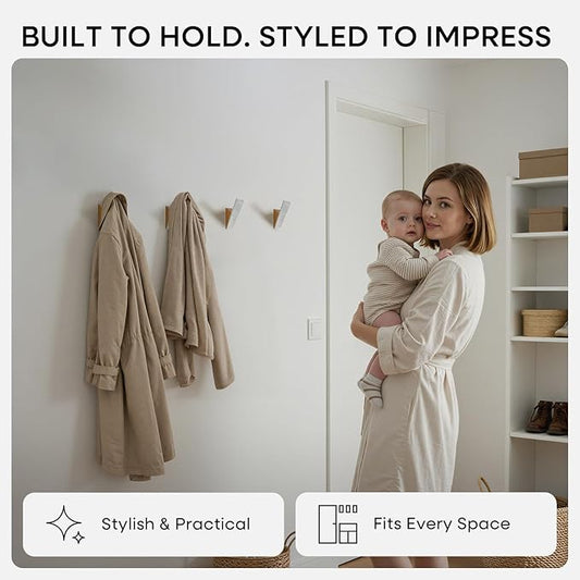 Homeforia Beech Wood Coat Hooks, High End Beech Wood & White Metal Wall Mounted Clothing Hooks, Mid-Century Modern Coat Hooks, Heavy Duty Wooden Hooks for Hanging Coats, Hats, Towels & More, Set of 6