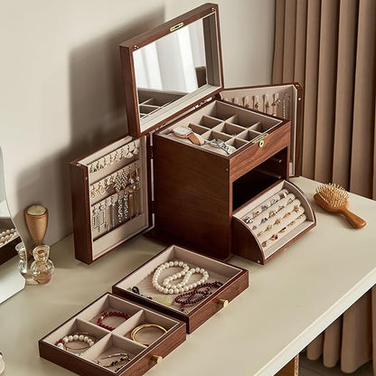 Homruilink Black Walnut Wooden Jewelry Box, Wood Jewelry Organizer with 2 Side Doors Mirror Lockable Classical for Watch Necklace Ring Earring Storage Christmas Gifts-4 Layer with Curved Ring Grooves