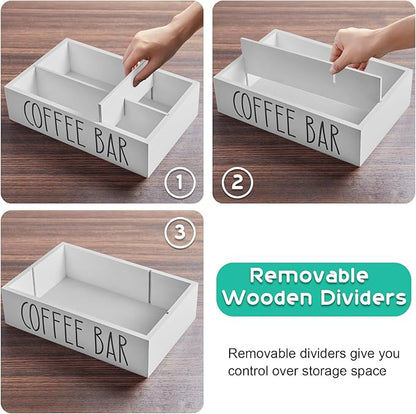 ALELION White Coffee Station Organizer - Wood Countertop Accessories Organizer with Removable Dividers for Pods Condiment Syrup Tea Cups Stirrers