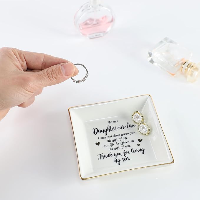 HOME SMILE Mother's Day Gifts for Daughter in Law Ceramic Ring Jewelry Dish Tray Plate for Birthday Christmas Valentines Wedding-Thank You for Loving My Son