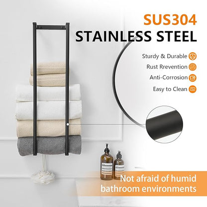 BWE Matte Black Towel Racks for Bathroom, 28" Stainless Steel Bathroom Towel Holder for Rolled Towels, Wall Mounted Towel Storage for Bathroom with 2 Hooks, 6 Large Bath Towels Capacity