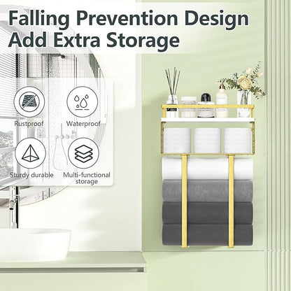 Towel Racks for Bathroom, Bathroom Shelf Over Toilet,Floating Shelves with Towel Rack Paper Holder Storage Basket,Floating Shelves for Wall Decor,Gold