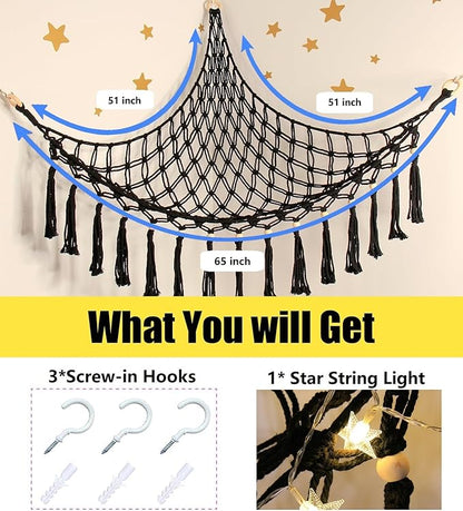 Stuffed Animal Toy Storage Hammock with LED Light - Macrame Jumbo Doll Corner Stuff Animals Organizer Decorations - Cute Hanging Plushie Net Kids Baby Nursery Bedroom Room Decor