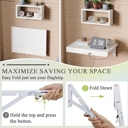TEAMIX Floating Nightstand with Charging Station, Wall Mounted Folding Bedside Shelf Combo Wood Nightstand with Led Light USB Type C Ports, Bed Side Storage Tray Caddy for Bedroom, Living Room, Dorm