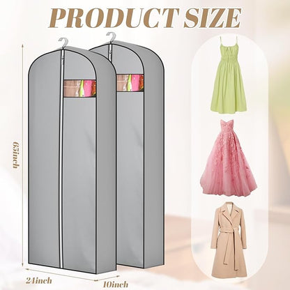 2 Pcs 10" Gusseted Garment Bags for Hanging Clothes Dress Bags for Gowns Long Closet Waterproof Garment Covers Wedding Dress Cover Traveling Clothes Protector (Grey,65 Inch)