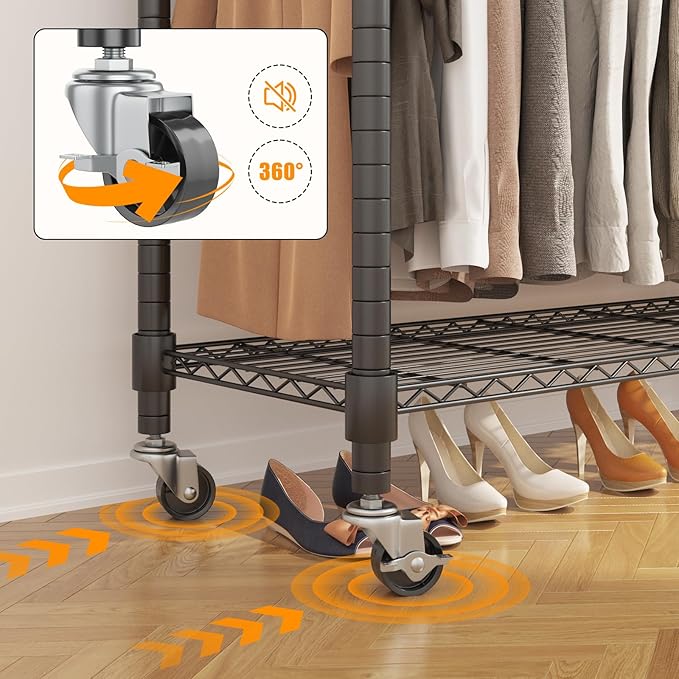 BATHWA Heavy Duty Garment Racks,35.5" D x 16.5" W x 80.7" H, Rolling Clothes Rack with Shelves Wheels 2 Rods for Shirt Clothing Hanging Tall Wardrobe Closet Multifuctional for Bedroom Laundry balcony