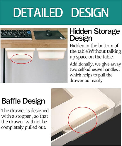 2Pack Under Table Desk Drawer Storage Organizer Slide Out, Hidden Self-Adhesive Under Desktop Pencil Tray Drawer for Office,Classroom,Kitchen(S/white）