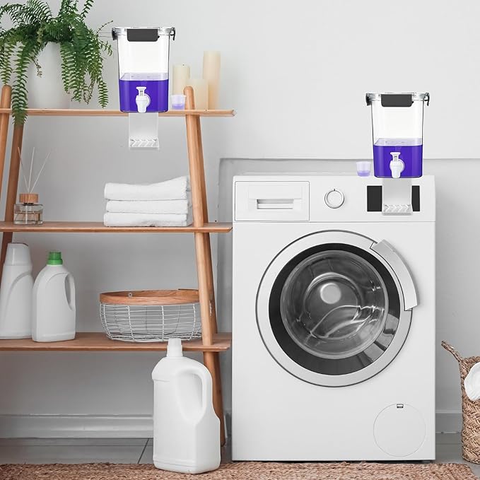 Soaoo 2 Pcs Laundry Detergent Dispenser 67.6 oz Liquid Soap Dispenser with Faucet for Laundry Room 2 Liquid Detergent Holder with Labels and Measuring Cup Fabric Softener Container