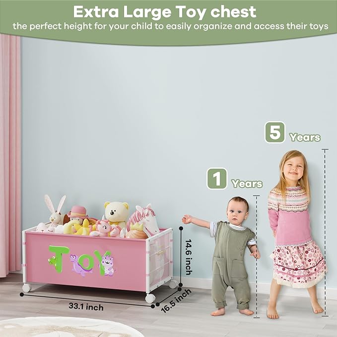 120L Kids Extra Large Toy Box with Wheels & Handle, 33.1” x 16.5” x 14.6” Big Toy Chest for Boys Girls, Toy Storage Organizer for Living Room Area, Playroom(Pink, 1PC)