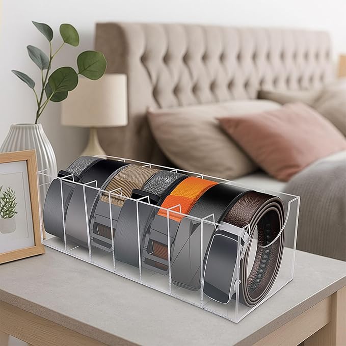 HAKDAY Belt Organizer, Acrylic Belt Storage Holder for The Closet 7 Compartments Display Case for Tie and Bow Tie