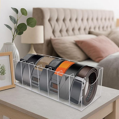 HAKDAY Belt Organizer, Acrylic Belt Storage Holder for The Closet 7 Compartments Display Case for Tie and Bow Tie