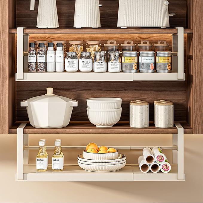 CINPIUK Expandable Under Shelf Storage Basket, Slide-in Storage Rack Under Cabinet Add-on Storage Baskets Heavy Duty Carbon Steel Hanging Organizer for Kitchen Pantry Laundry Bathroom, 2 Pack
