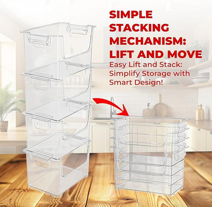 TidyFriend Stackable Storage Bins for Pantry - 4 Pack Stackable Bins for Organizing Food, Kitchen, and Bathroom Essentials (Clear)