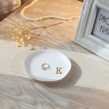 VINCOMIC Initials Ring Dish Jewery Tray with personalized K-Monogrammed Gifts Wedding Engagement for Women Friends sister,Ceramic White