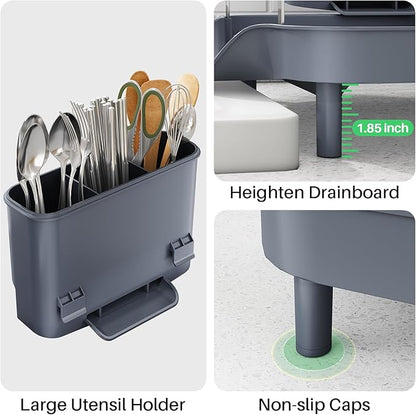 SAYZH Dish Drying Rack - Expandable Dish Rack for Kitchen Counter, Rust-Resistant Dish Drainer with Utensil Holder and Raised Guardrail, Kitchen Organizer for Cup and Bottle (Grey)