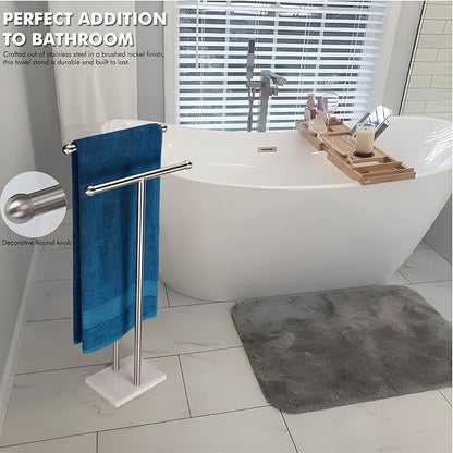 Standing Towel Rack Double-T Shape Tall Bath Towel Sheet Holder with Marble Design Base for Bathroom 2 Tier Towel Holder Stand Stainless Steel (Brushed Nickel)