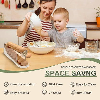 egg holder for fridge-Auto Rolling Fridge Egg Organizer,egg dispenser for refrigerator,Egg preservation rack,Egg Storage Rack for Kitchen,egg container refrigerator (white, 2tier)