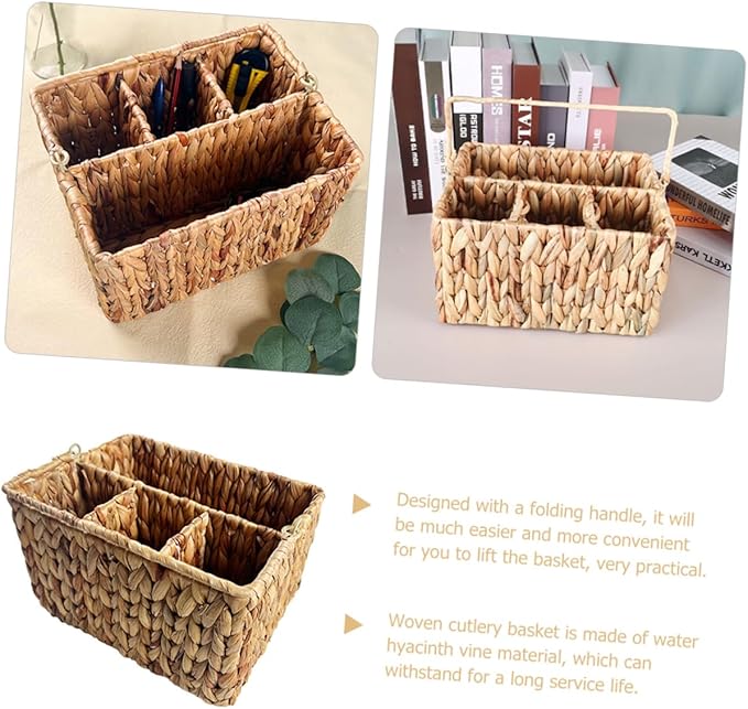 PRETYZOOM Woven Cutlery Holder with Handle Divided Utensil Storage Basket for Kitchen Organization Handmade Vine Material Portable and Practical Design for Dining Table Use