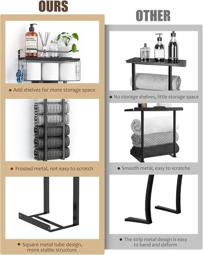 Towel Racks for Bathroom 31inch Wall Mounted Towel Rack,Floating Shelf with Wood Plank,Towel Storage for Bathroom can Holds 6 Large Rolled Towels,All Black