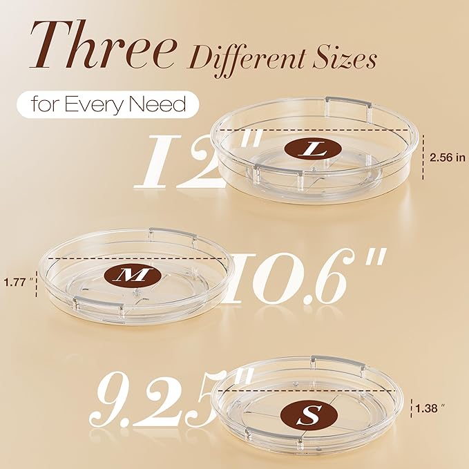 3 Pack Lazy Susan Organizer, Clear Lazy Susan Turntable Organizer for Cabinet, Kitchen, Refrigerator, Pantry, Bathroom, Rotating Spice Organization, 3 Size 9.25'' 10.6'' 12'', Acrylic