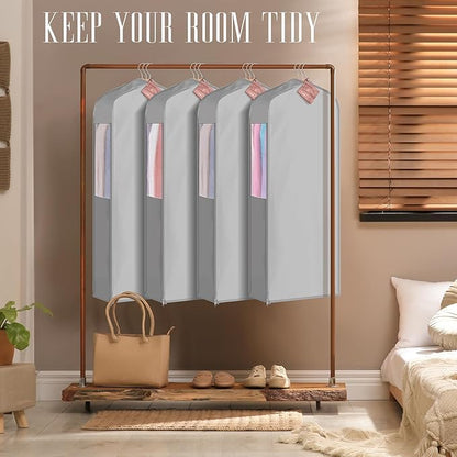 2 Set 40in Short Cotton Garment Bags, 6in Wide Gusset Hanging Storage Clothes with 8 Cedar Blocks, Transparent Mesh Window, Breathable Closet Bags for Fur Coat Suit Sweater Dress, Gray